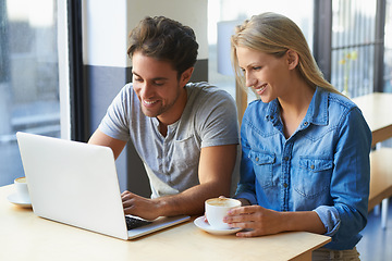 Image showing Relax, laptop or happy couple in coffee shop or cafe on website for booking a holiday vacation. Love, man or woman on technology for online shopping, research or social media with tea cup or smile