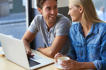 Image showing Talking, laptop or happy couple in coffee shop or cafe on website for booking a holiday vacation. Love, man or woman on technology for online shopping, research or social media with tea cup or smile