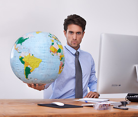 Image showing Travel, portrait or businessman with globe, earth or worldwide destination for trip in office. Agent, computer or professional person with map of planet for geography or international journey choice