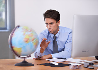 Image showing Travel, planning or businessman spinning earth for worldwide destination for trip in office. Notes, location or professional agent with map of planet for geography or international journey choice