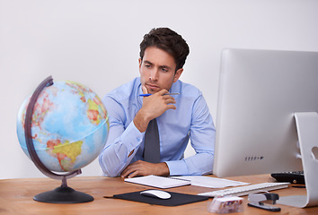 Image showing Thinking, earth or businessman with travel ideas or worldwide destination choice in office. Writing notes, brainstorming or professional agent with map of planet for geography or international trip