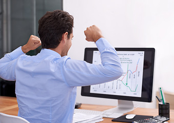 Image showing Businessman, celebration or computer for stock market success with profit, reward or online bonus. Yes, happy or trader with fist pump for achievement, goals or winning on investment graphs or charts