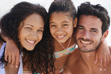 Image showing Happy family, portrait and beach for bonding, vacation or outdoor holiday weekend together. Face of father, mother and child smile in hug for love, support or summer break by ocean coast in nature