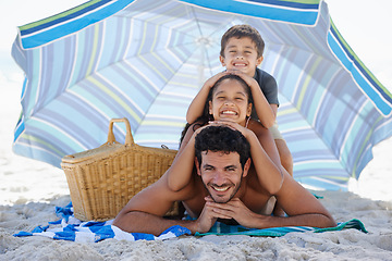 Image showing Father, kids and smile in portrait on beach, summer vacation with parasol, bonding and love. People outdoor, holiday in Brazil with sand and sun, smile for travel and adventure together in nature