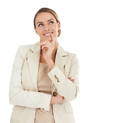 Image showing Smile, ideas or businesswoman in studio thinking of problem solving or space on white background. Happy, solution or confused attorney or lawyer contemplating thought, choice or option for decision