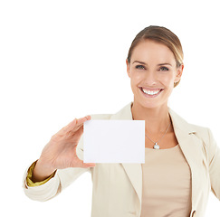 Image showing Smile, portrait or businesswoman with card mockup for a sale, promotion offer or logo advertising deal. Signage, plain bulletin board or happy lady with blank space in studio on white background