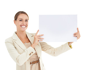 Image showing Business woman, poster mockup and studio presentation for advertising opportunity, news or information. Portrait of professional or face of happy person with paper space or sale on a white background