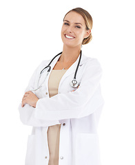 Image showing Doctor, woman and portrait with arms crossed for healthcare service, clinic and hospital career on a white background. Happy face of medical worker or person with professional health or job in studio