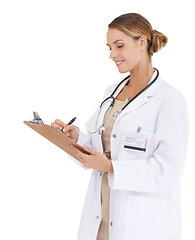 Image showing Woman, doctor and writing with documents in studio for medical checklist, assessment and consultation. Professional or healthcare worker with notes, clipboard or clinic services on a white background