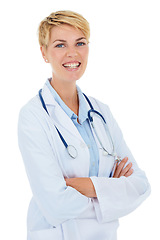 Image showing Doctor, woman and portrait in studio with arms crossed for healthcare service, clinic and hospital career on a white background. Happy face of medical worker or person with professional health or job