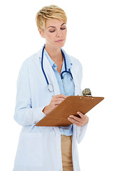 Image showing Woman, doctor and writing with documents in studio for medical checklist, assessment and consultation. Professional or healthcare worker with notes, clipboard or clinic services on a white background