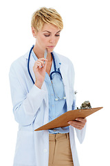 Image showing Woman, doctor and thinking with documents in studio for medical checklist, problem solving or solution. Professional or healthcare worker with notes, clipboard and test analysis on a white background