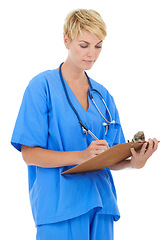 Image showing Woman, nurse and writing with documents in studio for medical checklist, assessment and consultation. Professional or healthcare doctor with notes, clipboard or clinic services on a white background