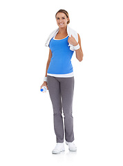 Image showing Water bottle, happy and portrait of woman in studio on break for exercise, training or workout. Smile, sports and young female person with hydration drink for fitness isolated by white background.