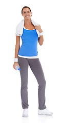 Image showing Water bottle, smile and portrait of woman in studio on break for exercise, training or workout. Fitness, sports and happy young female person with hydration drink for weight loss by white background.