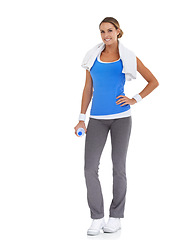 Image showing Water bottle, sports and portrait of woman in studio on break for exercise, training or workout. Smile, fitness and happy young female person with hydration drink for weight loss by white background.