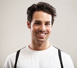 Image showing Smile, portrait or athlete in studio for fitness workout, sports exercise or healthy wellness. Mockup space, grey background or happy man ready to start training with confidence, discipline or pride