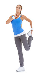 Image showing Fitness, pulse and woman stretching in studio for leg exercise, training or workout. Sports, health and young female person with muscle warm up for wellness activity isolated by white background.