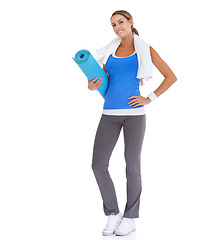 Image showing Yoga mat, fitness and portrait of woman in studio for health, body or pilates workout. Sports, towel and happy young female person with equipment for exercise or training isolated by white background