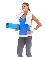 Image showing Yoga mat, health and young woman in studio for health, body or pilates workout. Sports, towel and portrait of happy female person with equipment for exercise or training isolated by white background.