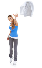 Image showing Happy woman, portrait and throwing towel in fitness isolated on a white studio background. Female person or athlete smile with dry cloth for sweat after workout, exercise or training on mockup space