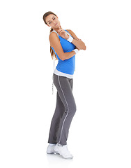 Image showing Young woman, thinking and fitness in sports fashion for workout on a white studio background. Female person or model in wonder or thought for exercise, training or health and wellness on mockup space