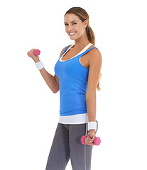 Image showing Weights, sports and portrait of woman in a studio for arm strength workout, training or exercise. Smile, fitness and young female athlete with dumbbell equipment for muscle health by white background