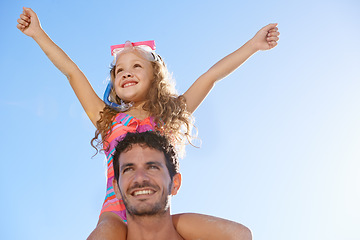 Image showing Happy dad, girl and piggyback at beach for summer holiday, weekend or vacation together. Father carrying child, kid or daughter on shoulders in sun for fun day by ocean or outdoor nature on mockup