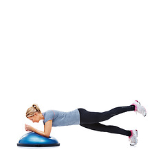 Image showing Woman, lying or planking on bosu ball for exercise, workout or training on a white studio background. Active female person on half round object for pilates, practice or strong core on mockup space