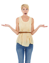 Image showing Happy woman, surprise and hands out for choice, decision or selection on a white studio background. Portrait of female person, model or blonde in shock with palms for picking, question or choose