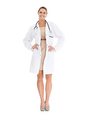 Image showing Doctor, happy woman or portrait in studio with pride or confidence in medical career as cardiologist. Full body, coat or medicine consultant with smile or healthcare isolated on white background