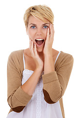 Image showing Woman, portrait and face in surprise for notification, news or alert isolated on a white studio background. Female person, model or blonde in shock or facial expression with hands on cheek for gossip
