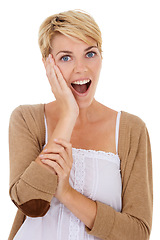 Image showing Happy woman, portrait and face in surprise for notification, news or alert on a white studio background. Female person, model or blonde in shock or facial expression with hands on cheek for gossip