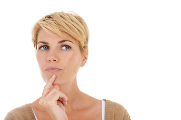 Image showing Woman, face and thinking for decision, choice or selection isolated on a white studio background. Female person, model or blonde in wonder or thought for pick, choose or solution on mockup space