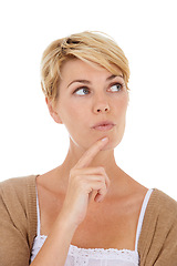 Image showing Woman, face and thinking for choice, selection or decision isolated on a white studio background. Female person, model or blonde in wonder or thought for pick, choose or solution on mockup space