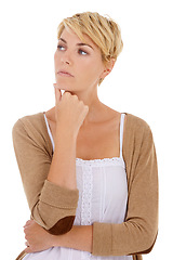 Image showing Woman, face and thinking for decision, option or choice isolated on a white studio background. Young female person, model or blonde in wonder or thought for idea, picking or selection on mockup space