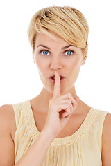 Image showing Woman, portrait and finger on lips for secret, gossip or confidential information on a white studio background. Face of female person, model or blonde in silence for quiet, whisper or shush on mockup