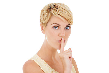 Image showing Woman, portrait and secret with finger on lips for gossip or confidential on a white studio background. Face of female person, model or blonde in silence for quiet, whisper or shush on mockup space