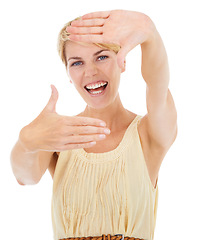 Image showing Happy woman, portrait and framing face for photography, selfie or picture on a white studio background. Young female person, model or blonde photographer with hands for photo frame, memory or capture