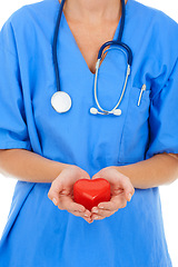 Image showing Heart, hands and doctor in cardiology for healthcare, person with charity and support on white background. Cardiovascular health, trust and kindness with love, medical professional in studio and care