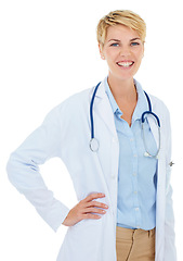 Image showing Doctor, woman and pose in portrait for healthcare, confident and happy with medical expert on white background. Cardiovascular specialist, stethoscope and professional in health with smile in studio