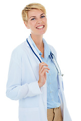 Image showing Doctor, woman and smile in portrait for healthcare, confident and happy with medical expert on white background. Cardiovascular specialist, stethoscope and professional in health with pride in studio