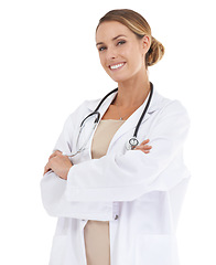 Image showing Doctor, happy woman or arms crossed in studio or portrait with confidence in medical career as cardiologist. Pride, coat or medicine consultant with smile or healthcare isolated on white background