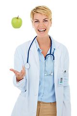 Image showing Doctor, woman and apple, healthcare and diet with nutritionist in studio, happiness and wellness on white background. Healthy food promotion, medical professional with green fruit for nutrition