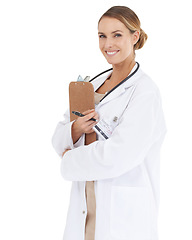 Image showing Happy woman, doctor or portrait with checklist in studio for research, assessment or writing of clinic results. Help, white background or healthcare worker with notes, clipboard or smile for services