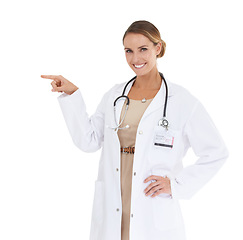 Image showing Happy woman, portrait or doctor pointing at mockup space isolated on white background in studio. Marketing, advertising or confident nurse showing medical healthcare information, wellness or advice