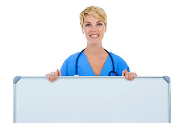 Image showing Doctor, woman and portrait, whiteboard for advertising and healthcare info with presentation on white background. Medical professional with announcement, mockup space for ads and smile in studio