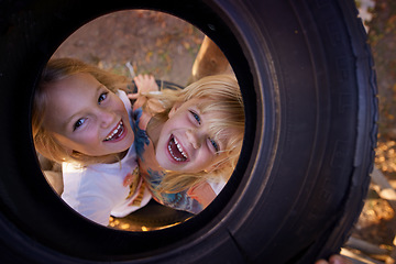 Image showing Happy, playing and girl children in park having fun on adventure, vacation or weekend trip. Smile, excited and top view portrait of young kids from Australia playful and bonding in outdoor garden.