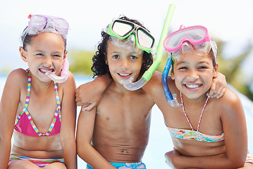 Image showing Pool, happy and portrait of children with goggles for swimming lesson, activity or hobby fun. Smile, snorkeling and kids with equipment for skill or tricks in water of outdoor backyard at home.