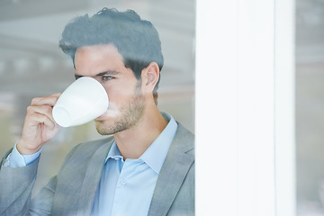 Image showing Window, thinking and businessman with coffee in the office planning ideas for legal project. Brainstorming, law career and professional young male attorney drinking cappuccino by glass in workplace.